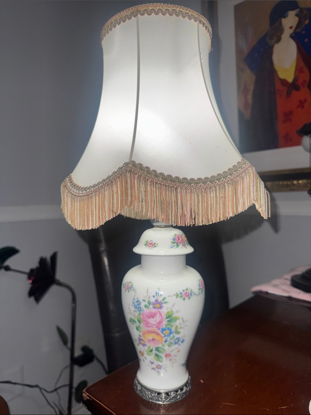 Floral Porcelain Table Lamp with Pink Shade Fringe